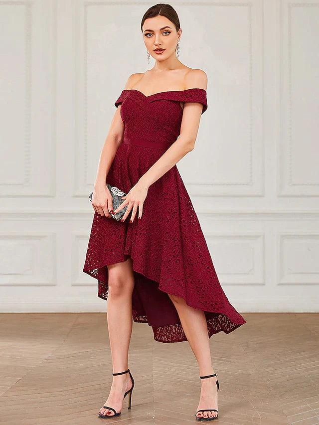 A-Line Homecoming Dresses Vintage Dress Homecoming Asymmetrical Sleeveless Off Shoulder Lace with Pleats Pure Color