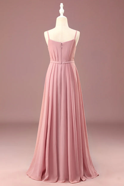 A-line Chiffon Spaghetti Straps Long Pleated  Bridesmaid Dress