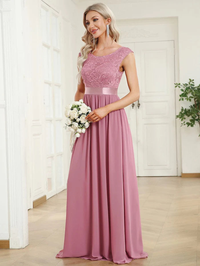 Classic Round Neck V Back Lace Bodice Bridesmaid Dress