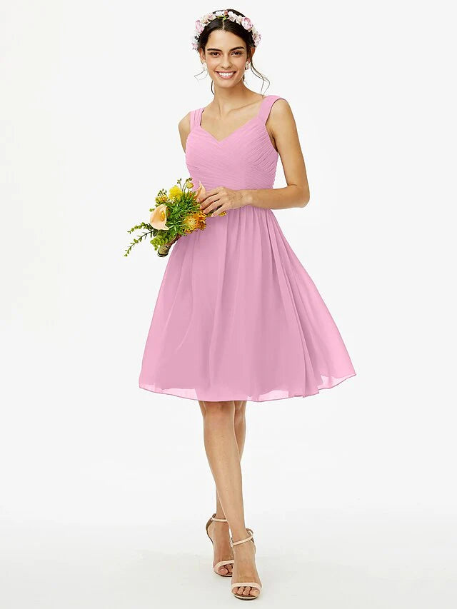 A-Line Bridesmaid Dress Straps Sleeveless Open Back Knee Length Chiffon with Sash / Ribbon / Bow(s) / Criss Cross