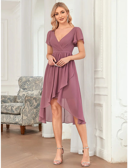 A-Line Bridesmaid Dress Plunging Neck Sleeveless Elegant Asymmetrical / Short / Mini Chiffon with Pleats / Cascading Ruffles / Solid Color