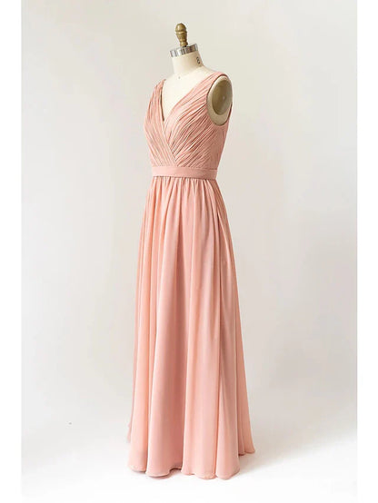 A-Line Bridesmaid Dress V Neck Sleeveless Open Back Floor Length Chiffon with Pleats