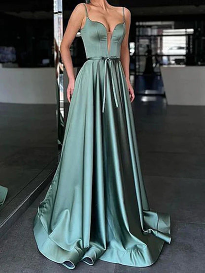 A Line V Neck Satin Long Prom Dresses Solid Color Floor Length Sexy Evening Dress