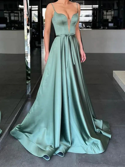 A Line V Neck Satin Long Prom Dresses Solid Color Floor Length Sexy Evening Dress