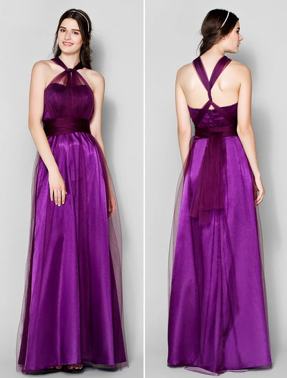 A-Line Bridesmaid Dress Straps Sleeveless Convertible Dress Floor Length Tulle with Ruched / Side Draping