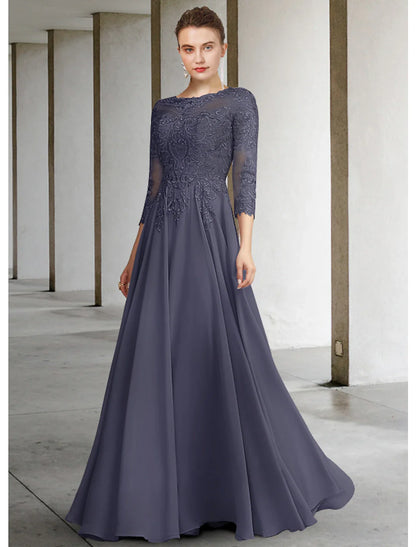 A-Line Mother of the Bride Dress Elegant Jewel Neck Floor Length Chiffon Lace 3/4 Length Sleeve with Appliques