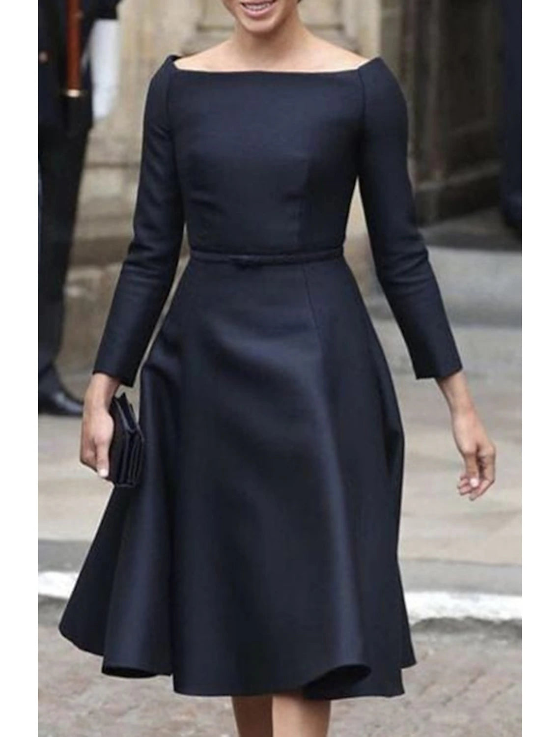 Jewel Neck Tea Length Mother of the Bride Dress  Knee Length Long Sleeve Taffeta Dress with Sash / Ribbon