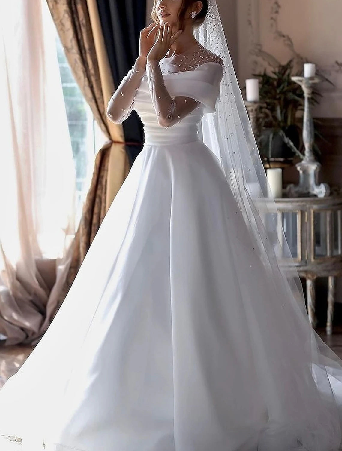 Beach Little White Dresses Formal Wedding Dresses A-Line Illusion Neck Long Sleeve Floor Length Tulle Bridal Gowns With Ruched Beading