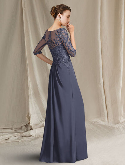 Sheath / Column Mother of the Bride Dress Elegant Plus Size Jewel Neck Floor Length Chiffon Lace 3/4 Length Sleeve with Pleats Ruffles Appliques