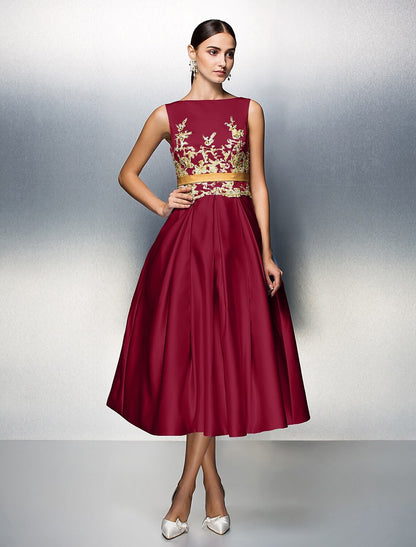 A-Line Cocktail Dresses Elegant Dress Wedding Guest Prom Tea Length Sleeveless Jewel Neck Satin V Back with Pleats Appliques