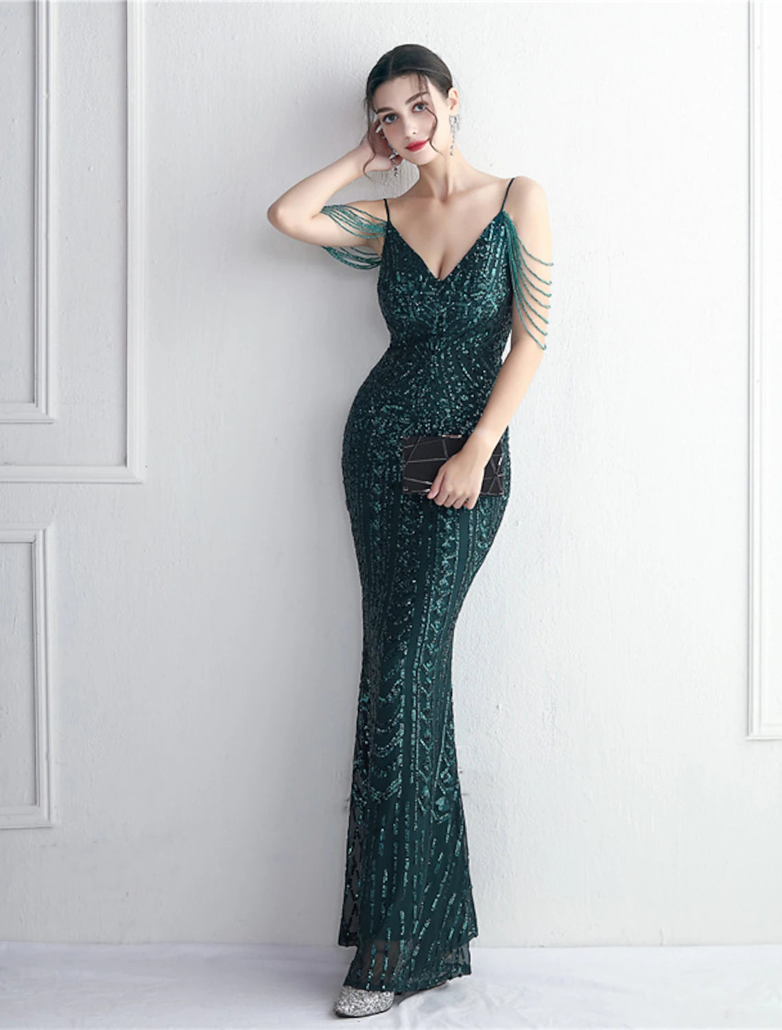 Mermaid / Trumpet Evening Gown Sparkle & Shine Dress Formal Wedding Guest Floor Length Short Sleeve Spaghetti Strap Polyester with Beading Sequin