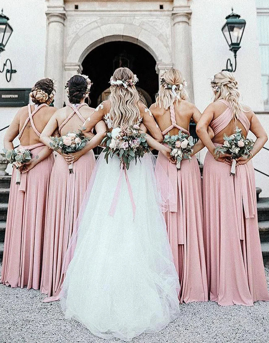 A Line Floor Length Convertible Blush Long Bridesmaid Dress