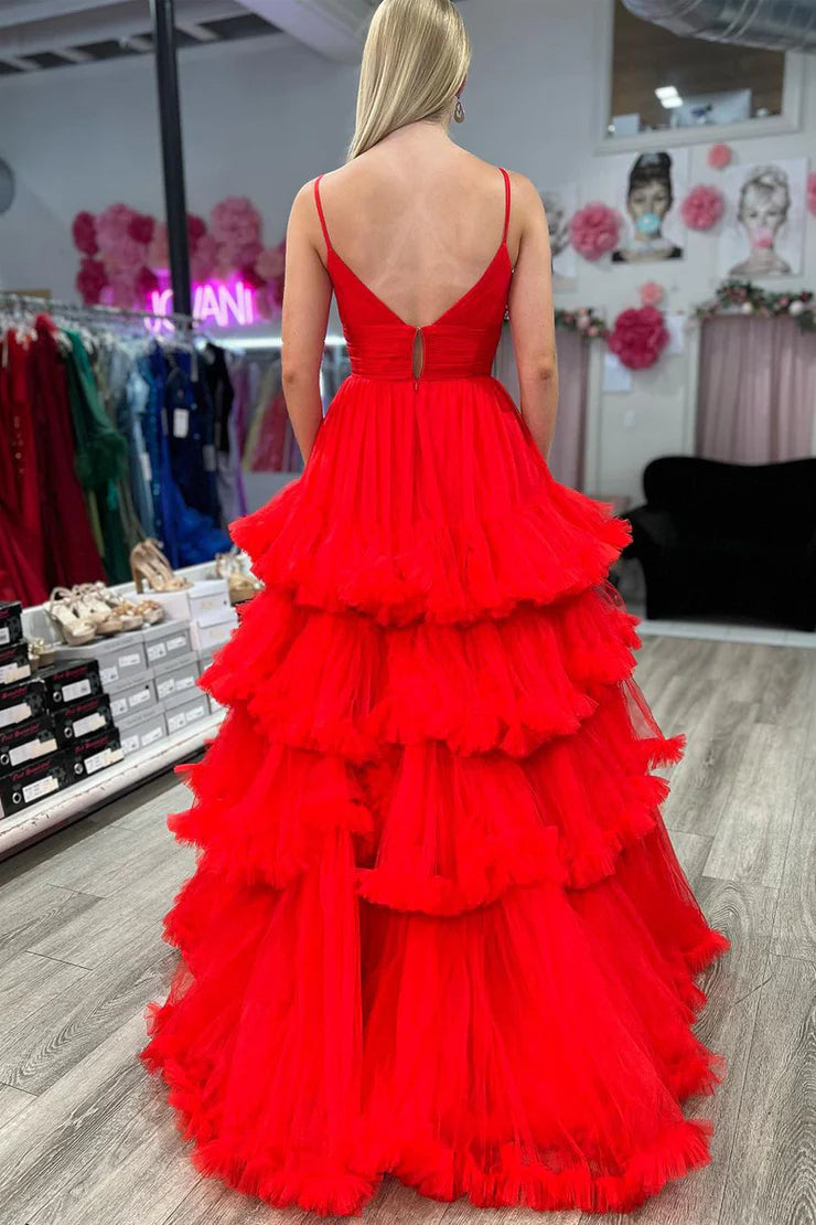 A Line Spaghetti Straps V Neck Red Tulle Layers Long Prom Dresses