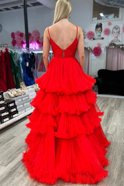 A Line Spaghetti Straps V Neck Red Tulle Layers Long Prom Dresses