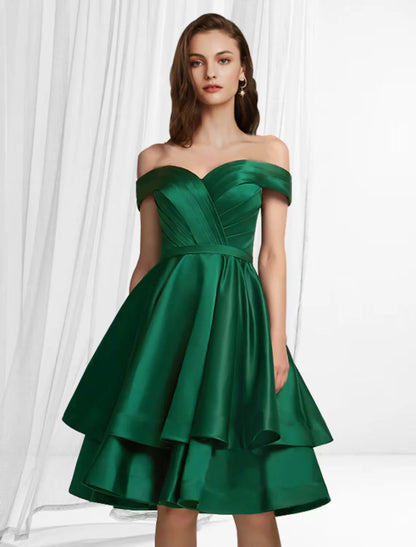 A-Line Party Wear Cocktail Party Dress Off Shoulder Sleeveless Knee Length Satin with Tier