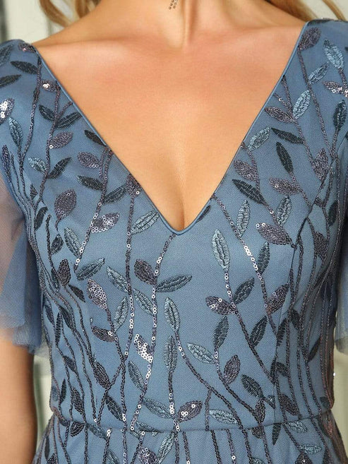 Shimmery V Neck Ruffle Sleeves Sequin Maxi Long Evening Dress/Prom Dresses Party Dresses Wedding Guest Dresses