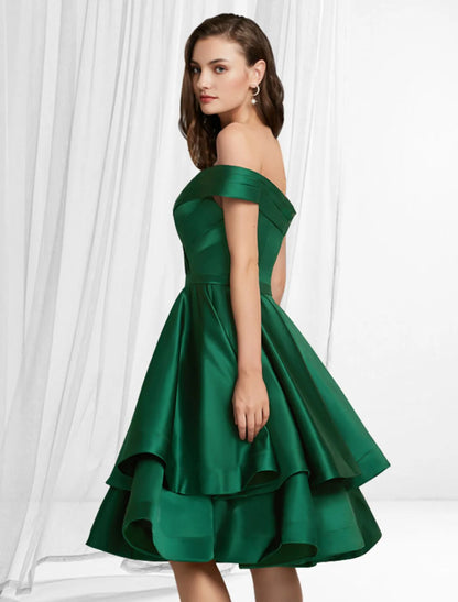 A-Line Party Wear Cocktail Party Dress Off Shoulder Sleeveless Knee Length Satin with Tier