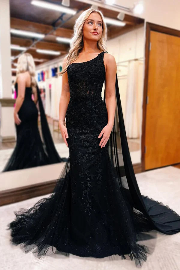 Black One Shoulder Appliques Mermaid Long Prom Dresses Evening Dress