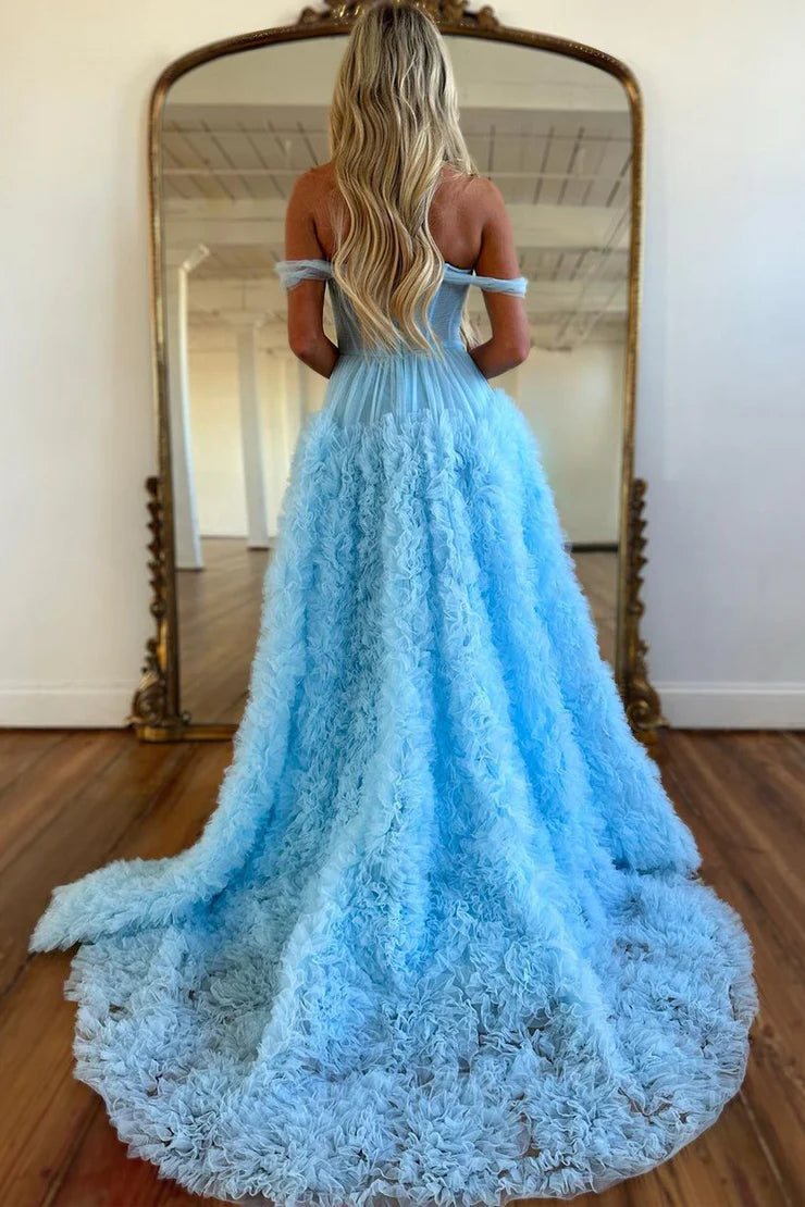 A Line Off the Shoulder Ruffle Tiered Tulle Prom Dress with Slit Beautiful