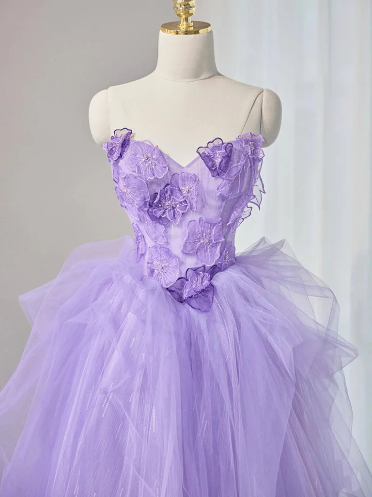 Quinceanera Dresses Princess Cute Prom Dress Tulle Purple Sweetheart Neck Tulle Applique Long Prom Dress Purple Long Sweet 16 Dress