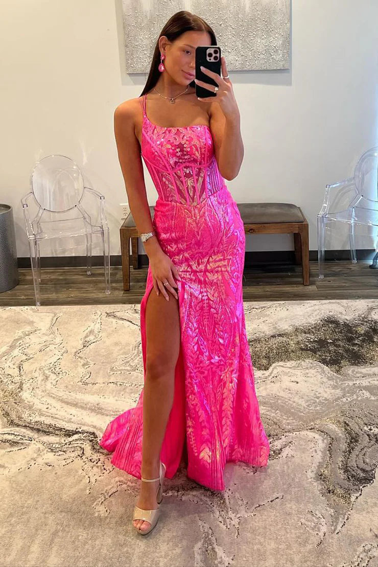 A Line Spaghetti Straps One Shoulder Sequins Lace Mermaid Long Prom Dress