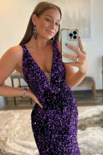 Mermaid Low V Neck Purple Sequins Long Evening Dresses