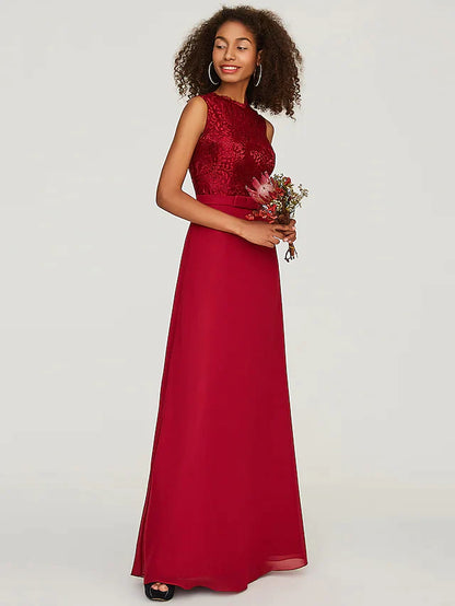 A-Line Bridesmaid Dress Jewel Neck Sleeveless Floor Length Chiffon Lace with Sash Ribbon Bow(s)