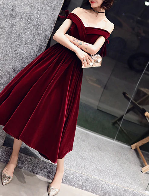 A-Line Cocktail Dresses Homecoming Dresses Hot Dress Wedding Guest Cocktail Party Tea Length Short Sleeve Off Shoulder Velvet with Bow(s)