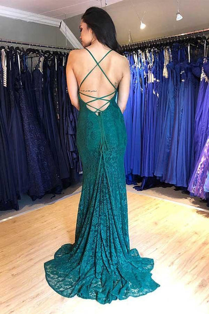 Sheath Mermaid  Spaghetti Straps Sweep/Brush Train Prom Dress Deep V-Neck  Lace-up Evening Dress