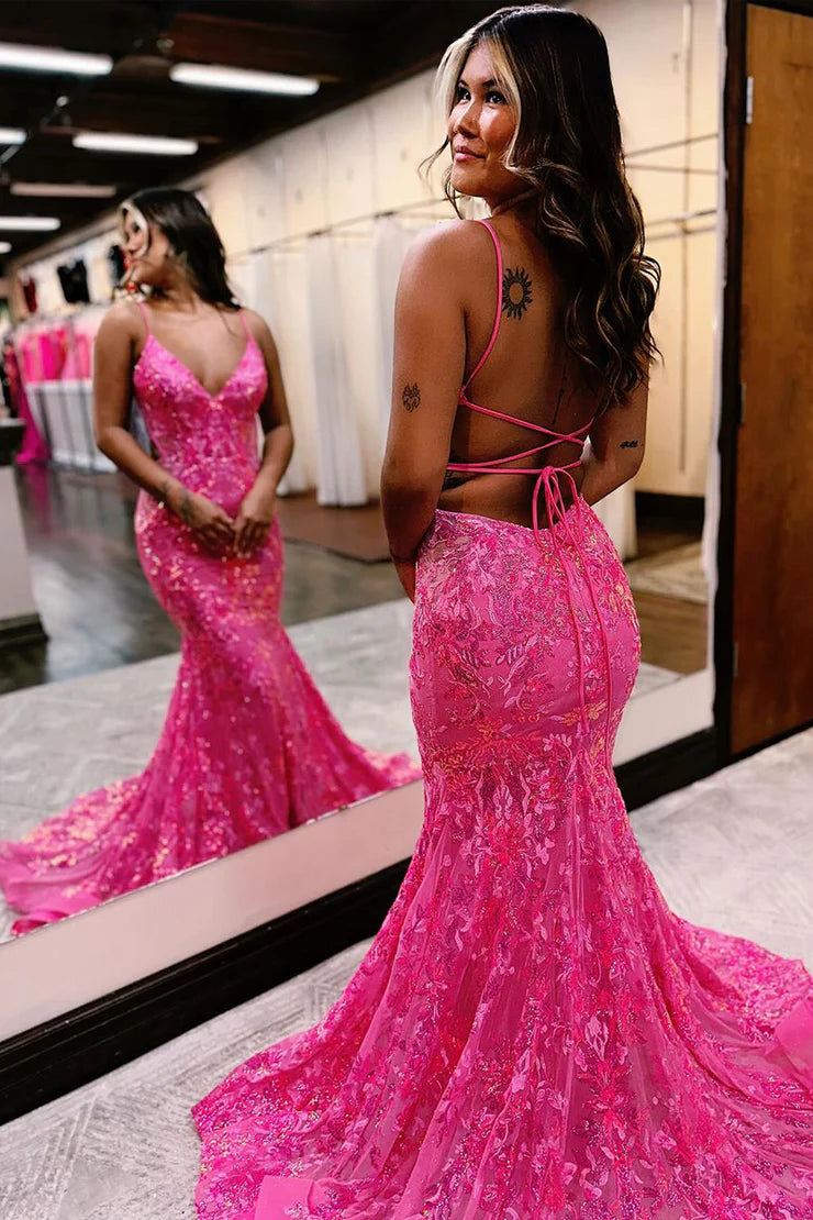 Sheath/Mermaid Spaghetti Straps V Neck Sequins Lace Prom Dresses