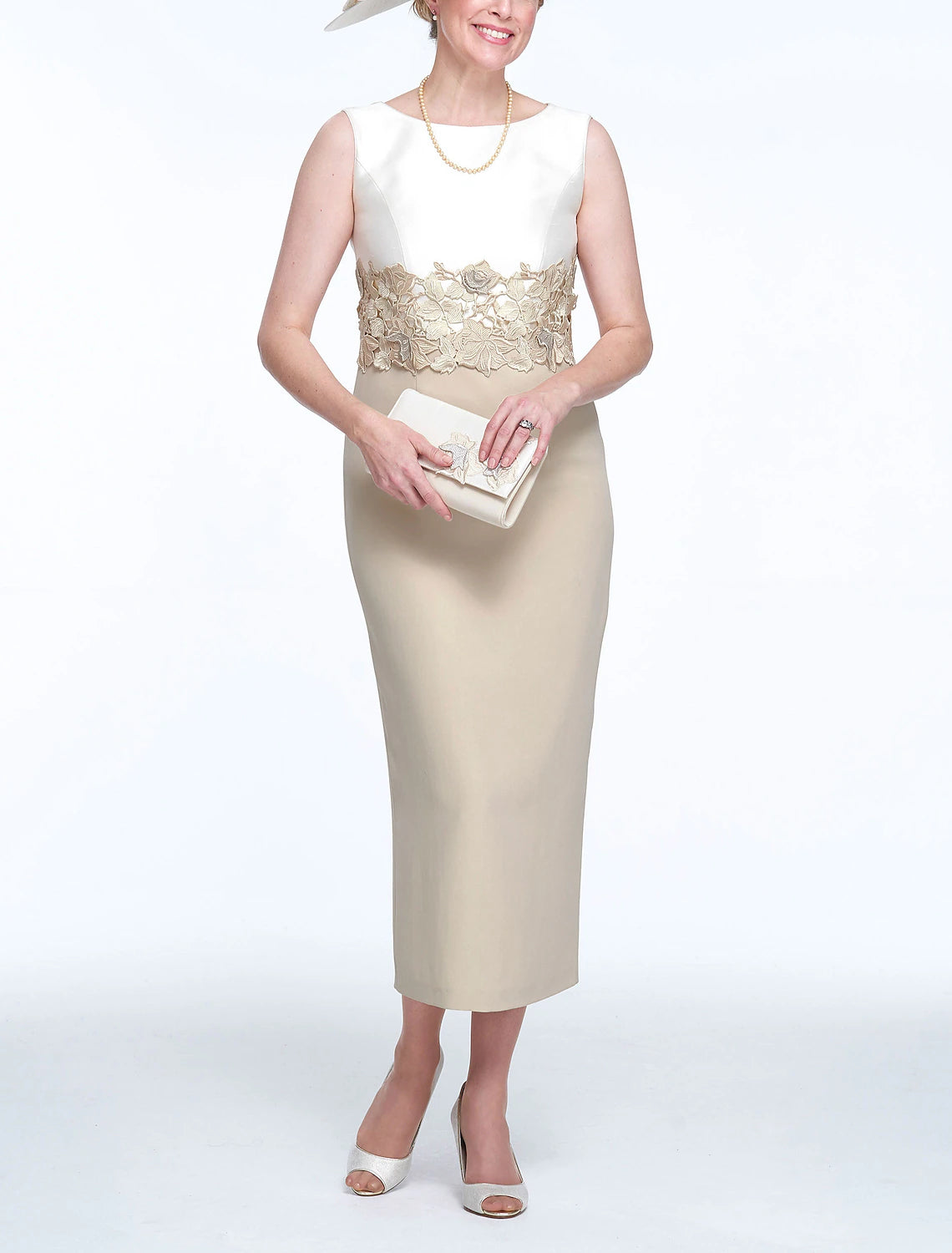 Sheath / Column Church Elegant Jewel Neck Two Pieces Wedding Guest Ankle Length Stretch Fabric Sleeveless Mother of the Bride Dress with Appliques