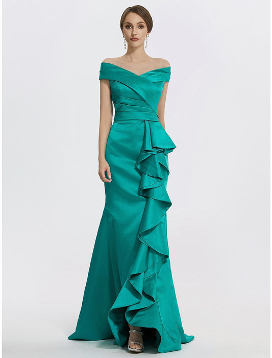 Sheath / Column Evening Gown Elegant Dress Formal Floor Length Sleeveless Off Shoulder Satin with Ruffles