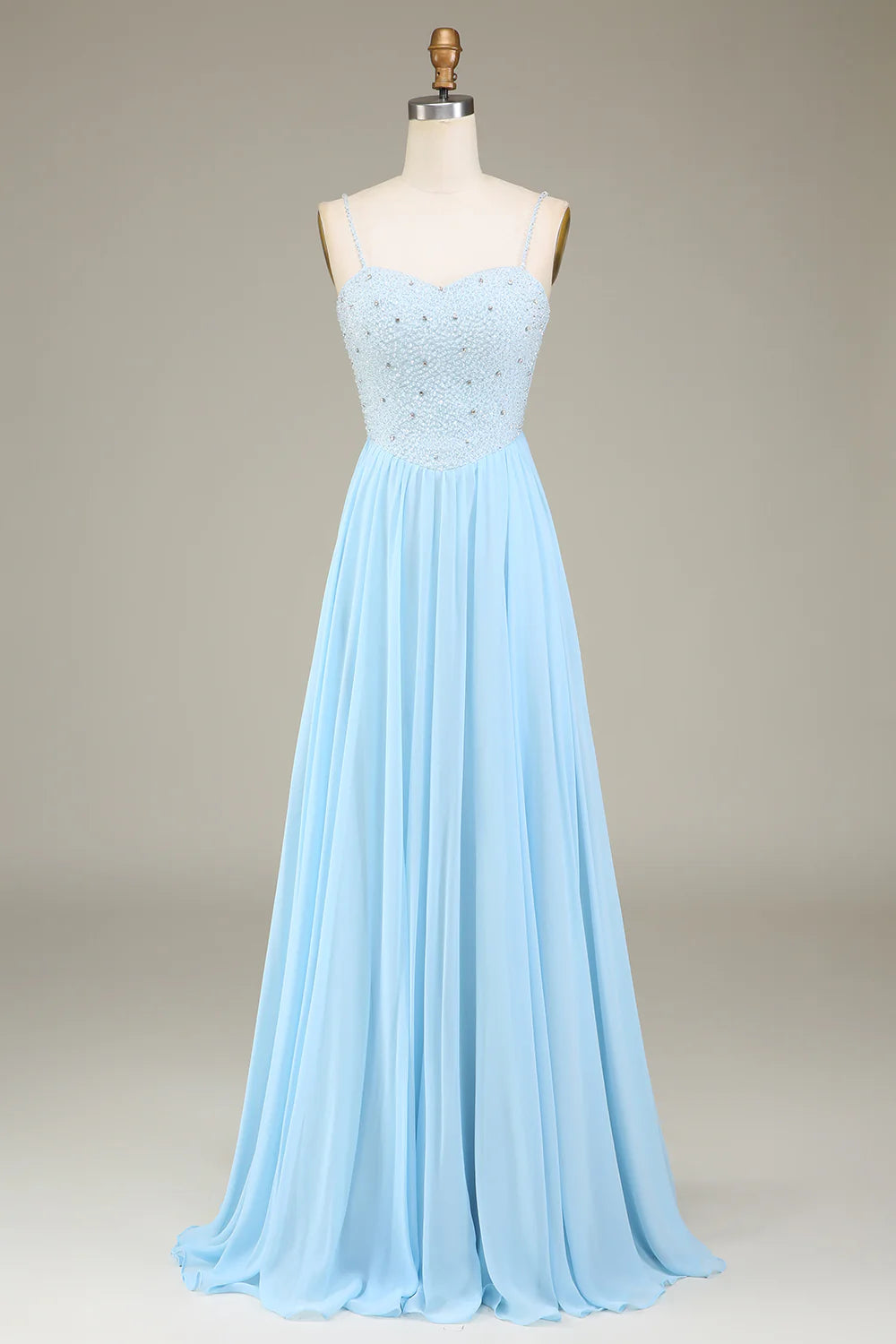 A-Line Pleated Spaghetti Straps Chiffon Long Bridesmaid Dress With Beading