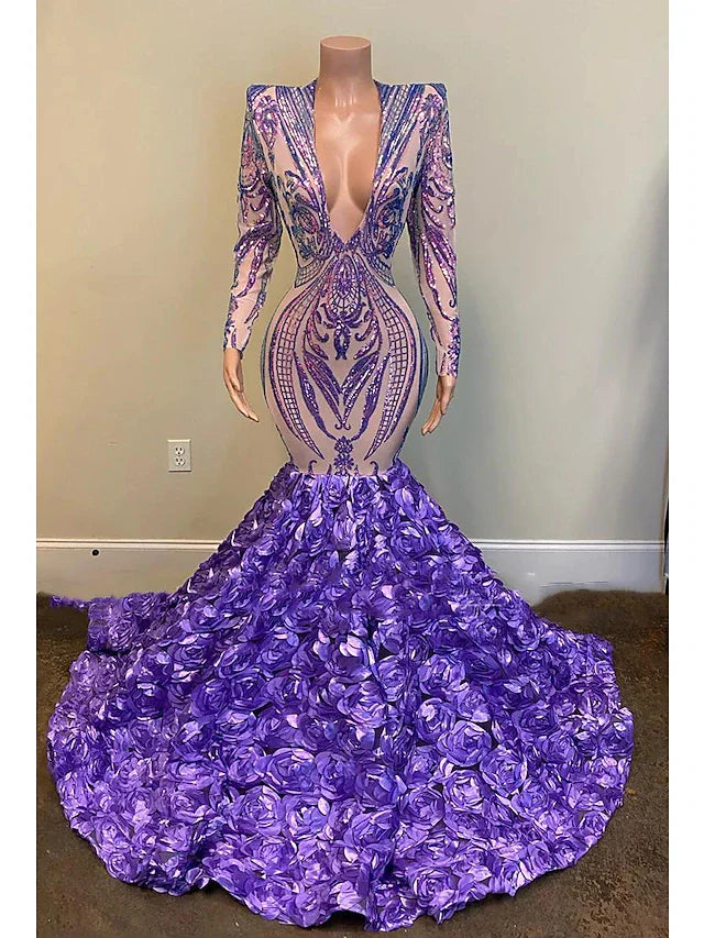 Mermaid / Trumpet Evening Gown Floral Dress Formal Court Train Long Sleeve V Neck African American Sequined with Sequin Beautiful With Flowers