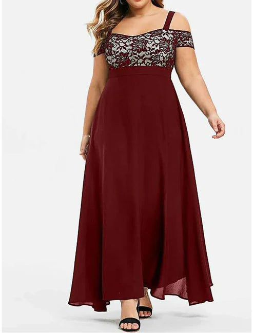 Plus Size Curve Party Dress Lace Dress Homecoming Dress Formal Dress Solid Color Long Dress Maxi Dress Short Sleeve Lace Strap Modern Party Black Wine Summer Spring