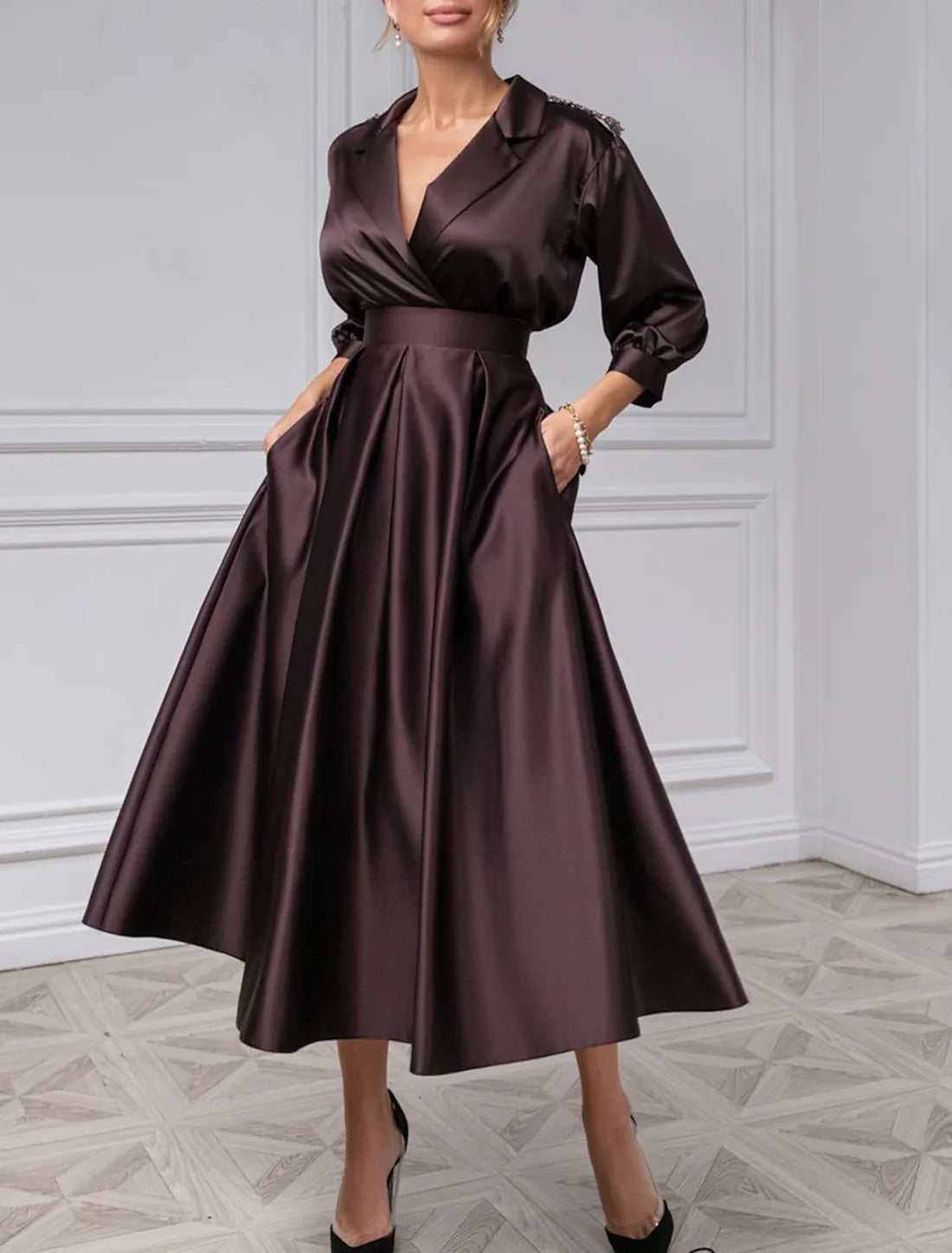 A-Line Cocktail Dresses Vintage Black Dress Plus Size Wedding Guest Evening Party Tea Length 3/4 Length Sleeve Shirt Collar Satin with Pleats Pocket