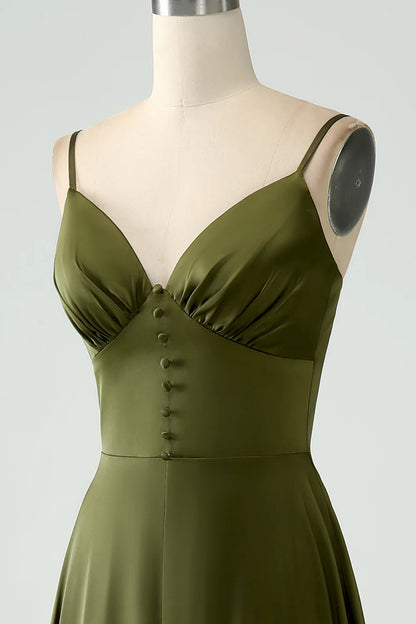 A-Line Spaghetti Straps Olive Satin Long Bridesmaid Dress