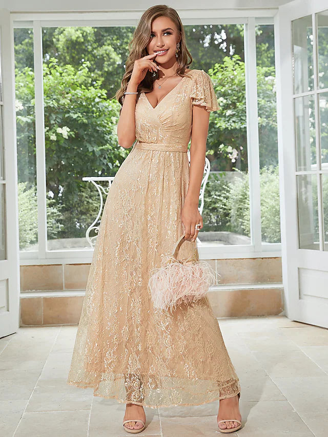 Wedding Guest Dresses Elegant Dress Party Wear Ankle Length Short Sleeve V Neck Chiffon with Ruffles