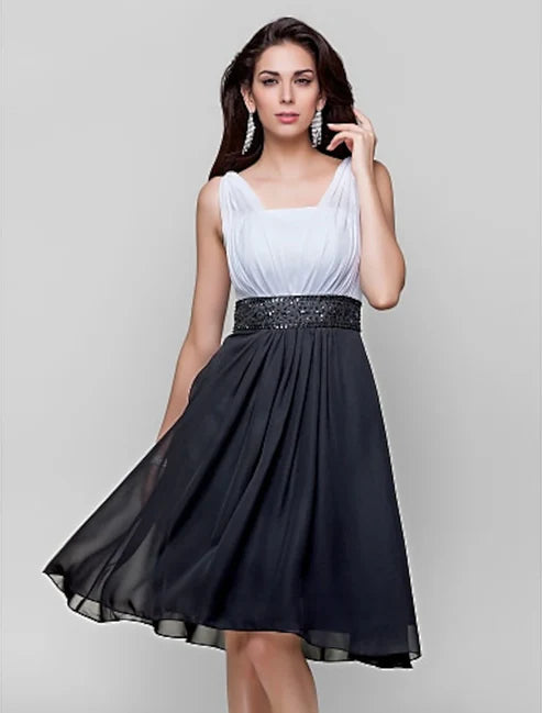 Ball Gown Straps Knee Length Chiffon Dress with Beading / Draping