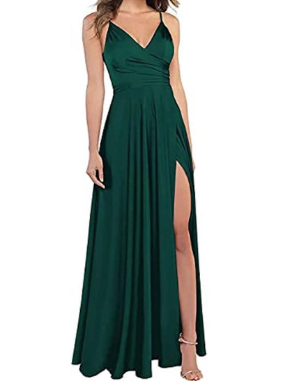 A-Line Wedding Guest Prom Floor Length Sleeveless Spaghetti Strap Bridesmaid Dress Satin with Slit