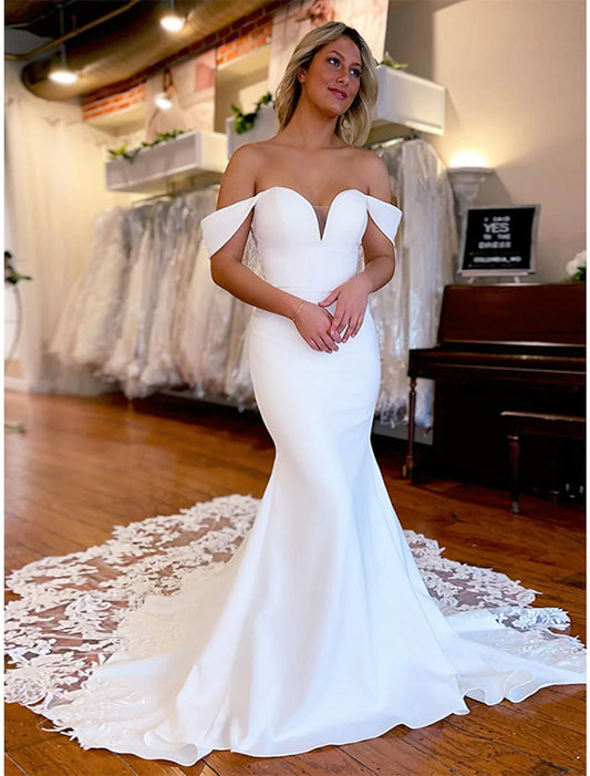 Charming Wedding Dresses Mermaid / Trumpet Off Shoulder Sleeveless Chapel Train Stretch Fabric Bridal Gowns With Appliques