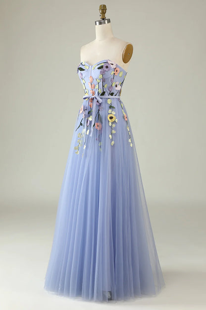 A Line Strapless Lavender Long Prom Dress with Appliques