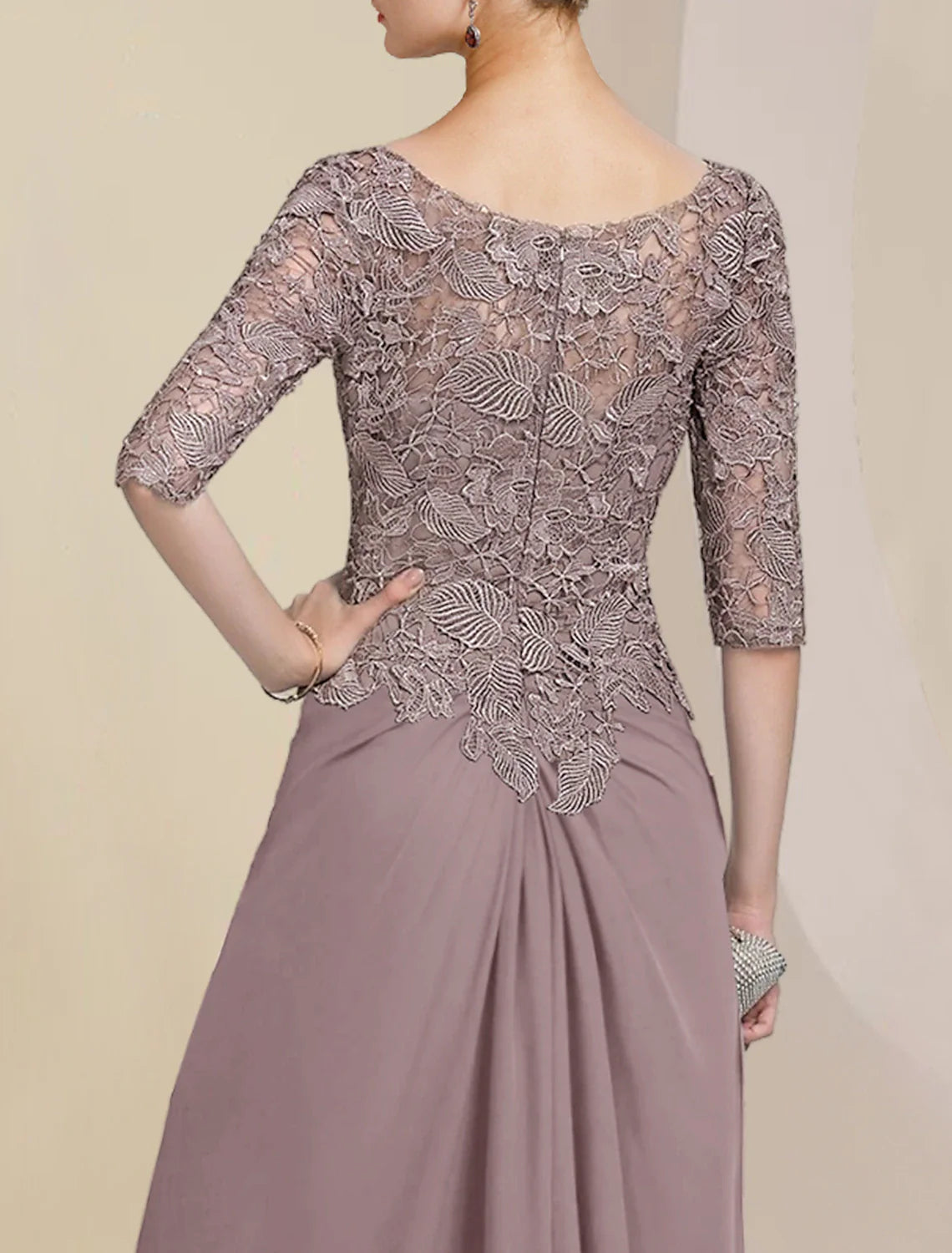 Sheath / Column Mother Bride Dress Formal Wedding Guest Elegant Scoop Neck Floor Length Chiffon Half Sleeve with Lace Appliques