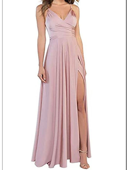 A-Line Wedding Guest Prom Floor Length Sleeveless Spaghetti Strap Bridesmaid Dress Satin with Slit