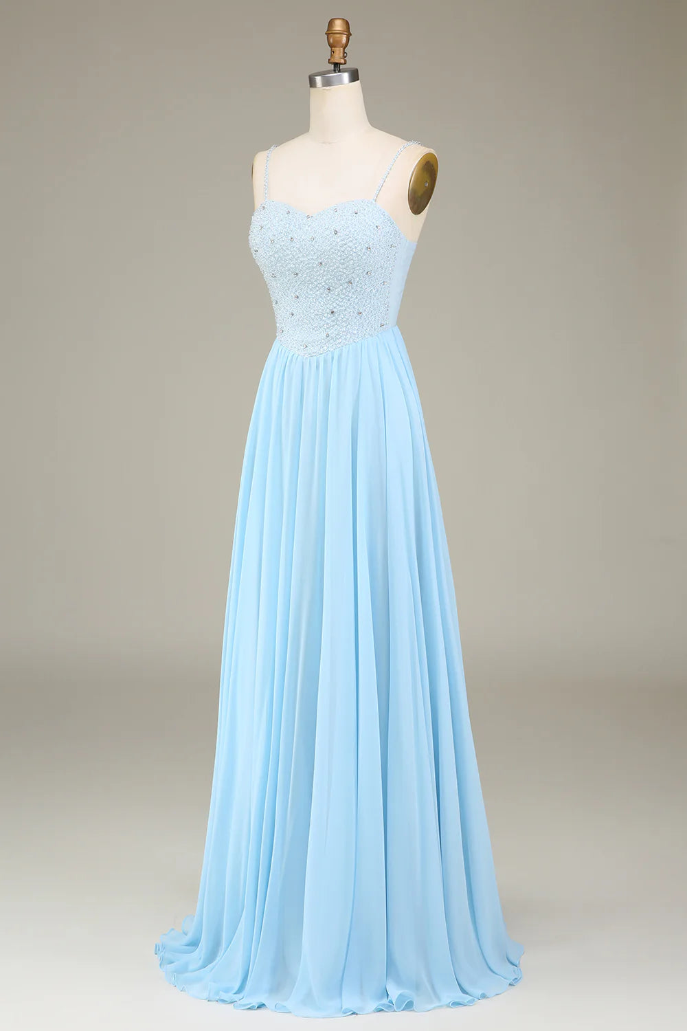 A-Line Pleated Spaghetti Straps Chiffon Long Bridesmaid Dress With Beading