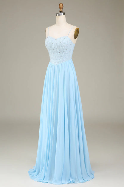 A-Line Pleated Spaghetti Straps Chiffon Long Bridesmaid Dress With Beading