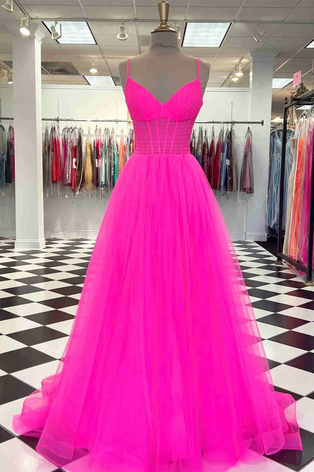 Floor Length  Tulle Plunging Spaghetti Straps V Neck Long Prom Dress