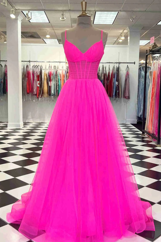 Floor Length  Tulle Plunging Spaghetti Straps V Neck Long Prom Dress