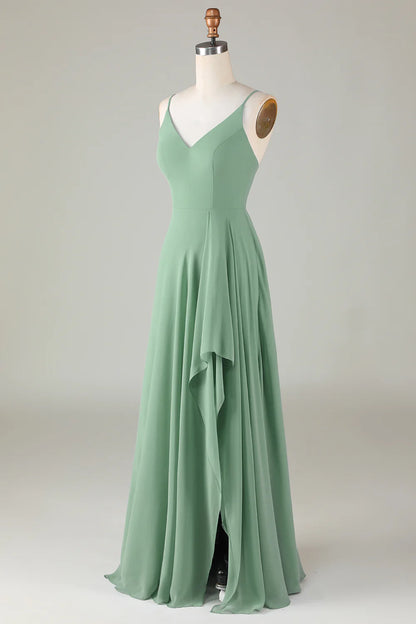 V Neck Spaghetti Straps Long Bridesmaid Dress with Ruffles