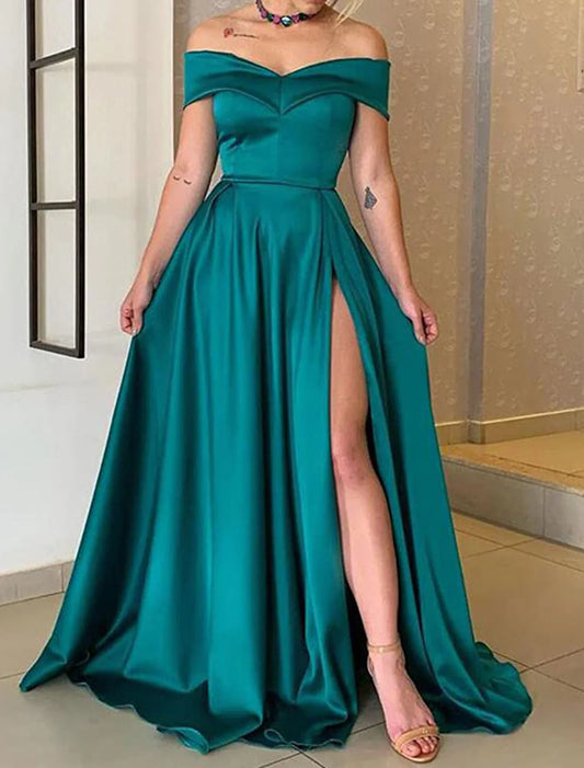 Women's Off The Shoulder Satin Prom Dresses Long with Pockets A line Slit Formal Evening Party Gowns